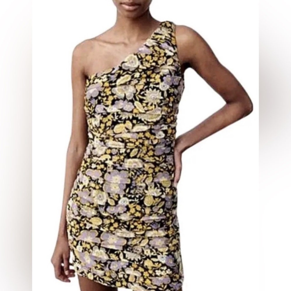 Zara Floral Print One Shoulder Ruched Mini Dress SZ small. New (no tags).